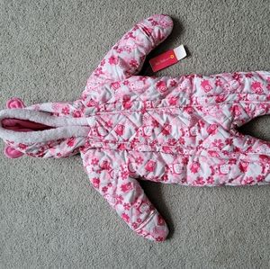 Pink Platinum Baby Girl 12M Winter Puffer Bodysuit Pink Owl print Fleece lined